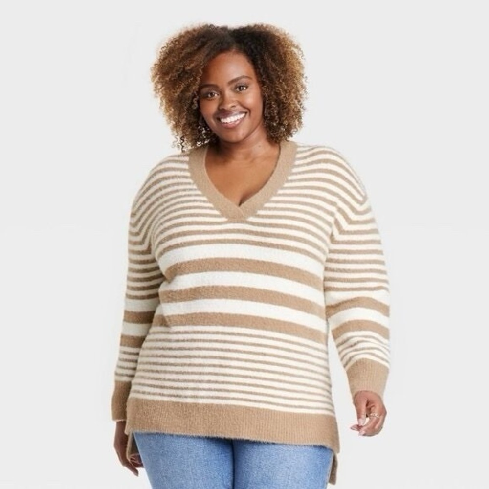 Ava & Viv Sweater Womens Plus Size 2X Stripe Fuzzy V Neck Tunic Pullover Tan